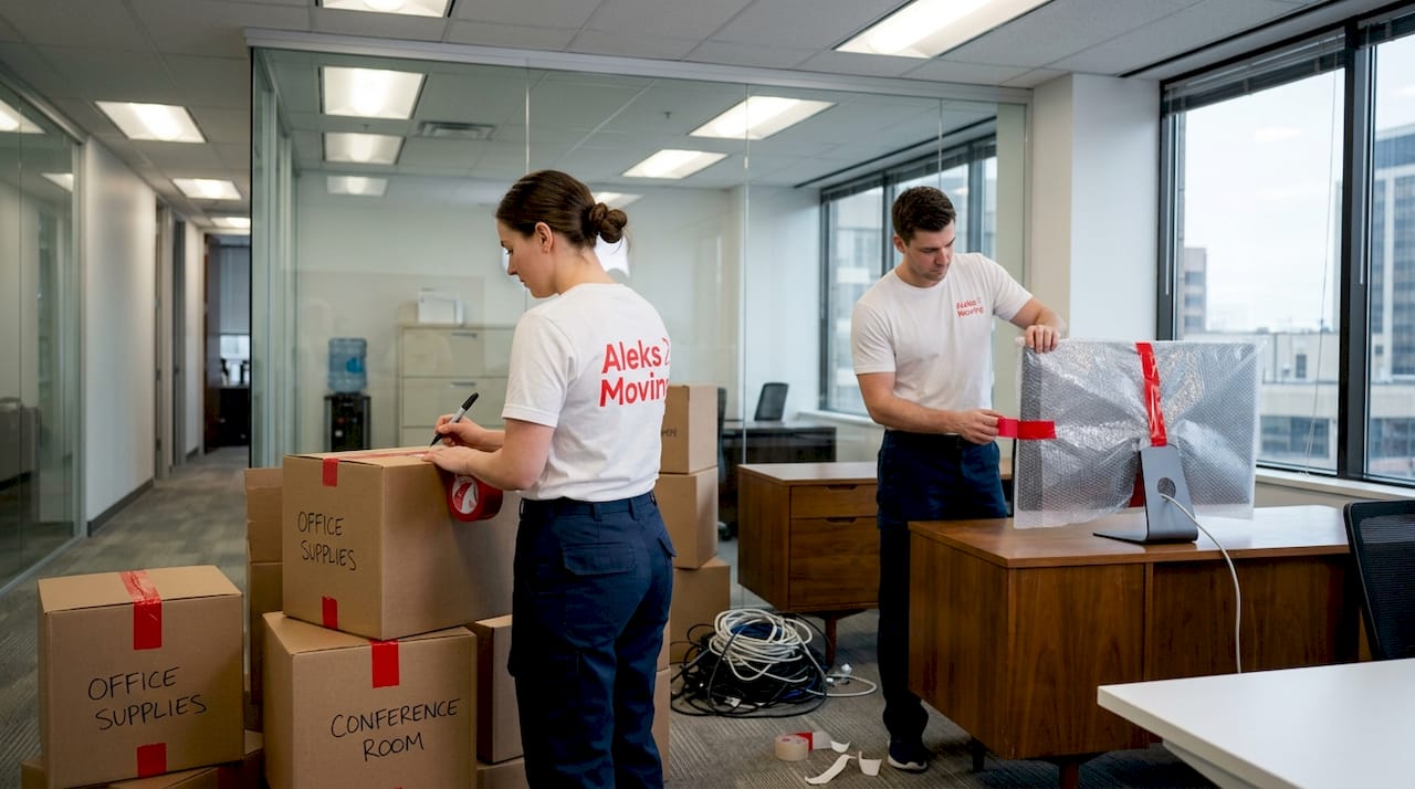 Coworkers packing and labeling office equipment