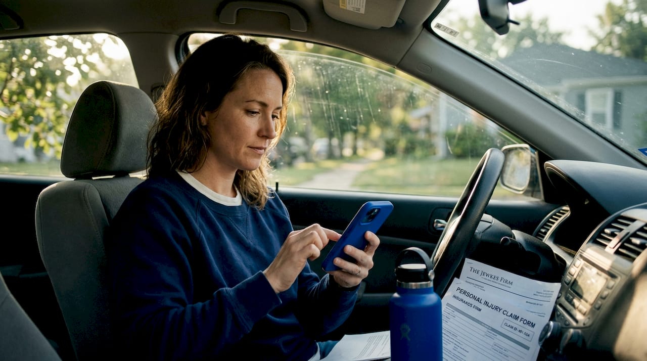 Woman documenting accident timeline in car
