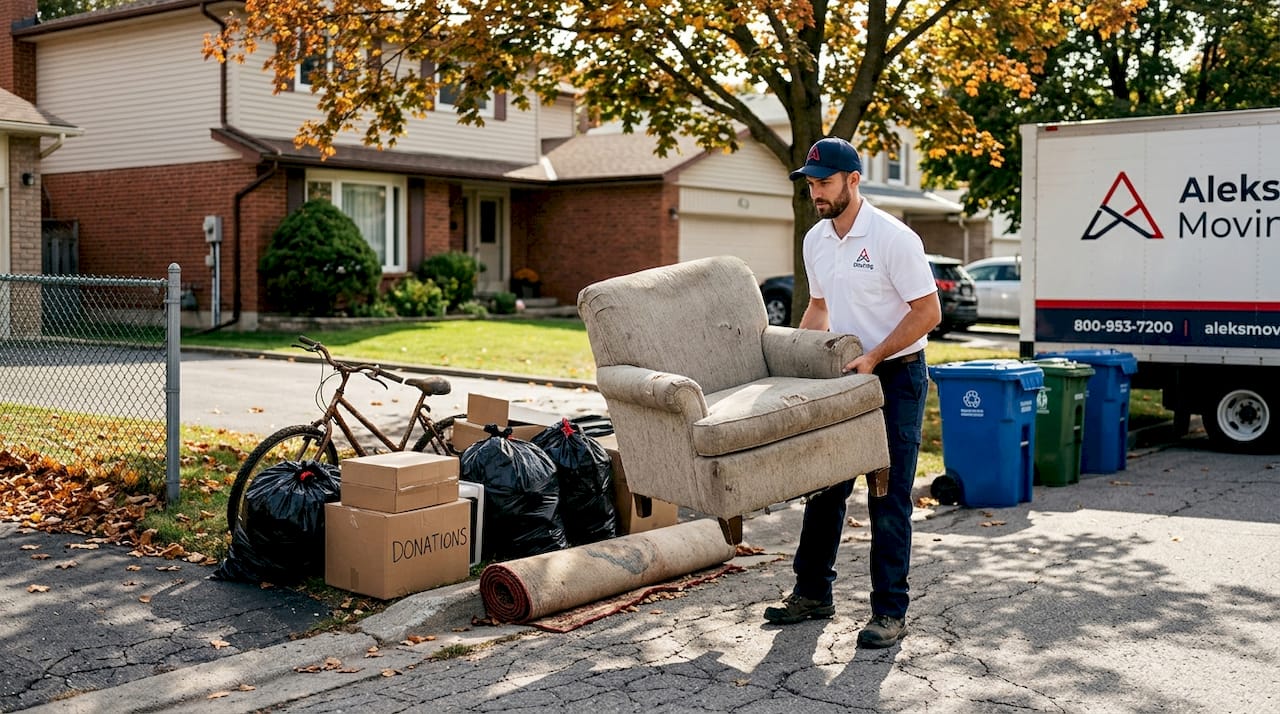 Junk removal worker loading unwanted items curbside