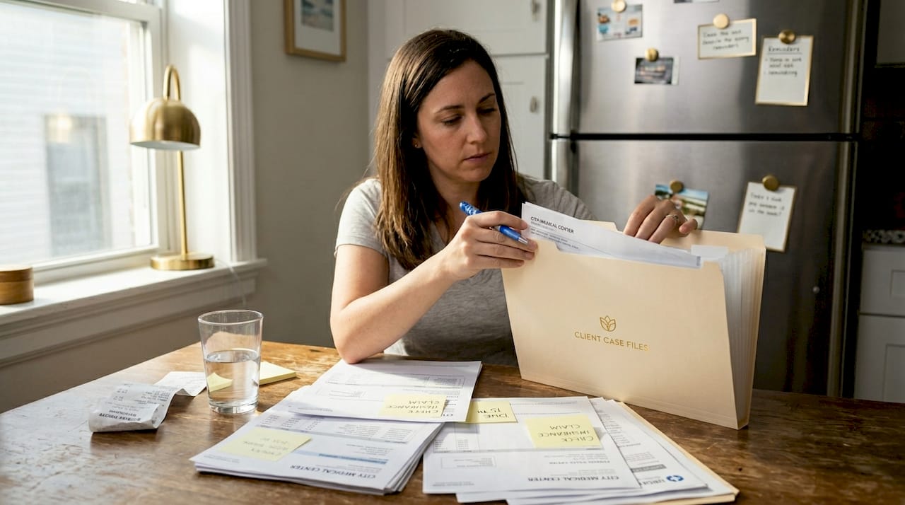 Organizing medical bills at kitchen table