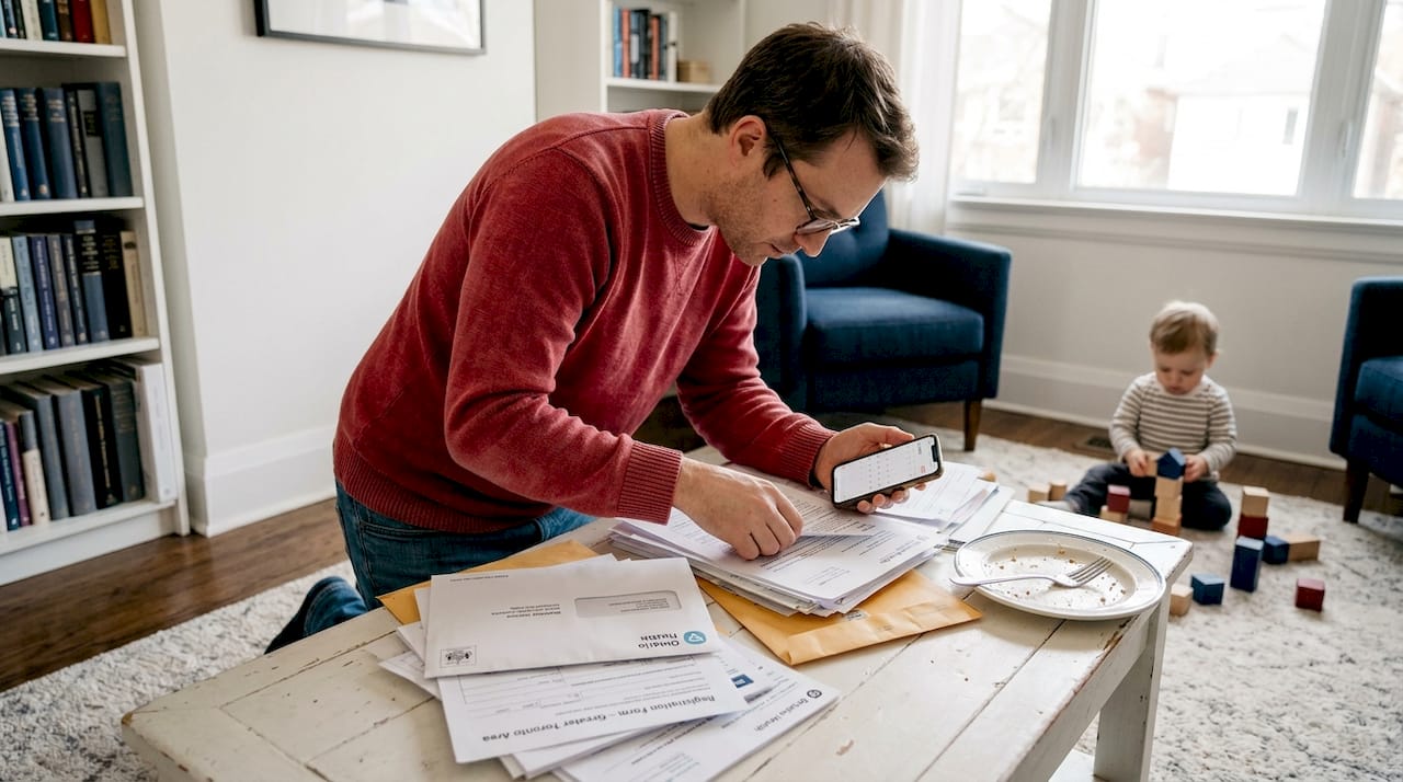 Father organizing school and healthcare documents