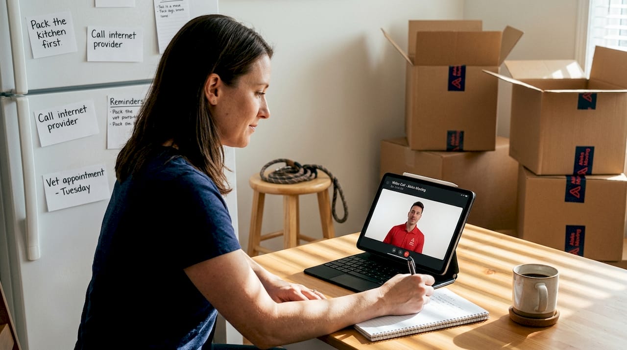 Woman calls mover at kitchen table