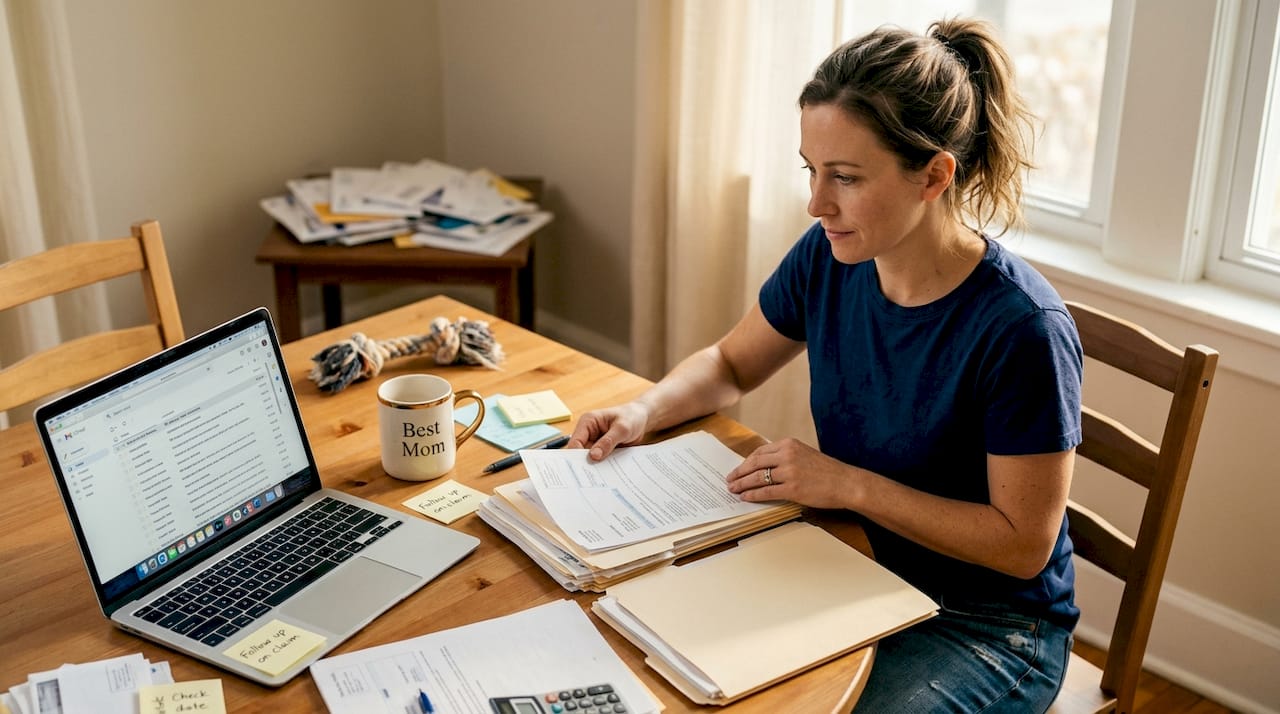 Woman organizing medical documents at table