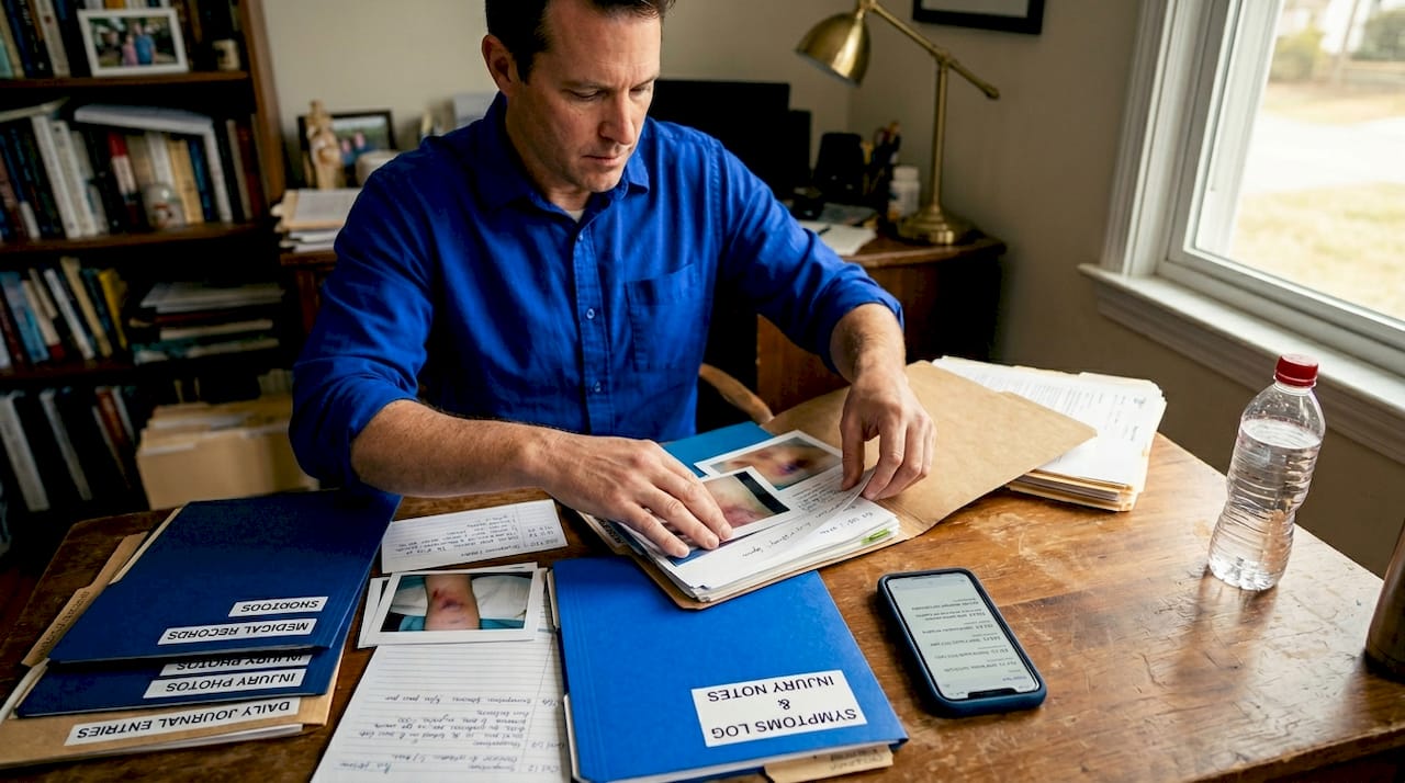Man organizing accident documents in home office