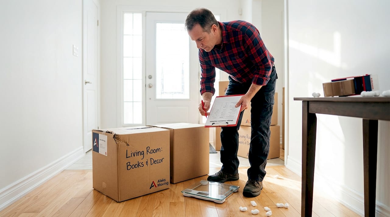 Man weighing boxes for moving estimate