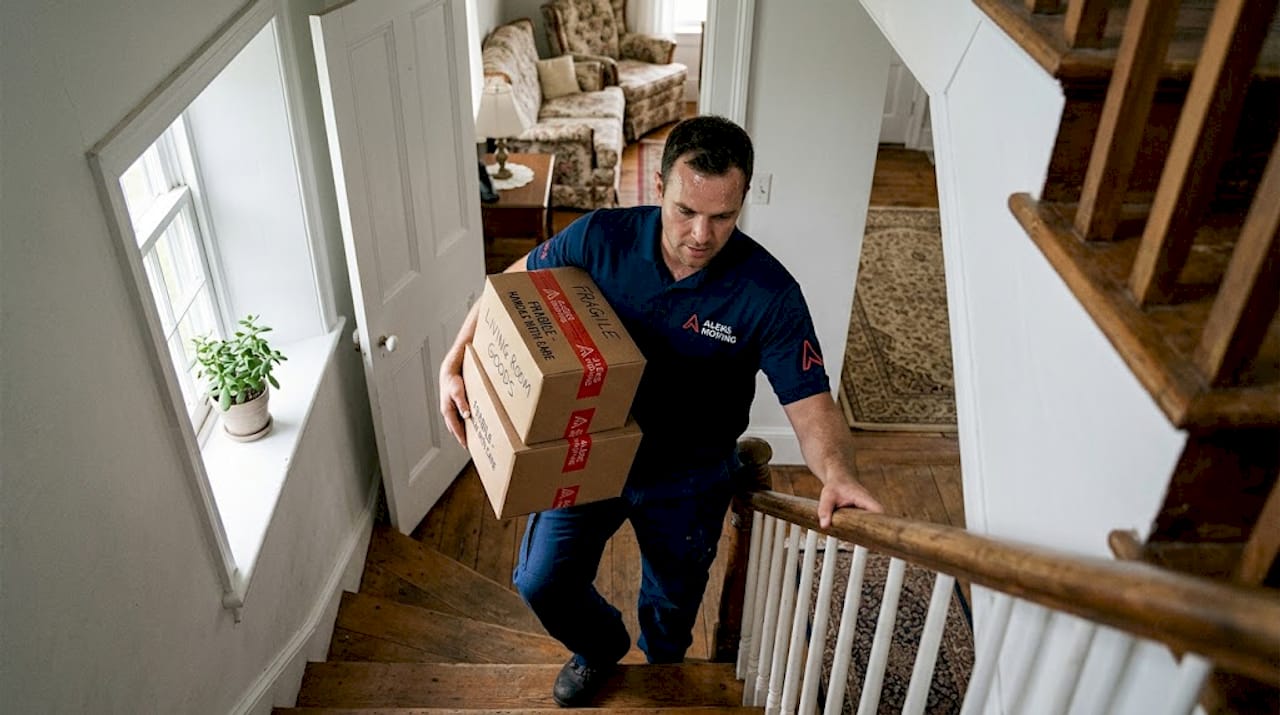 Mover carries boxes up narrow stairwell