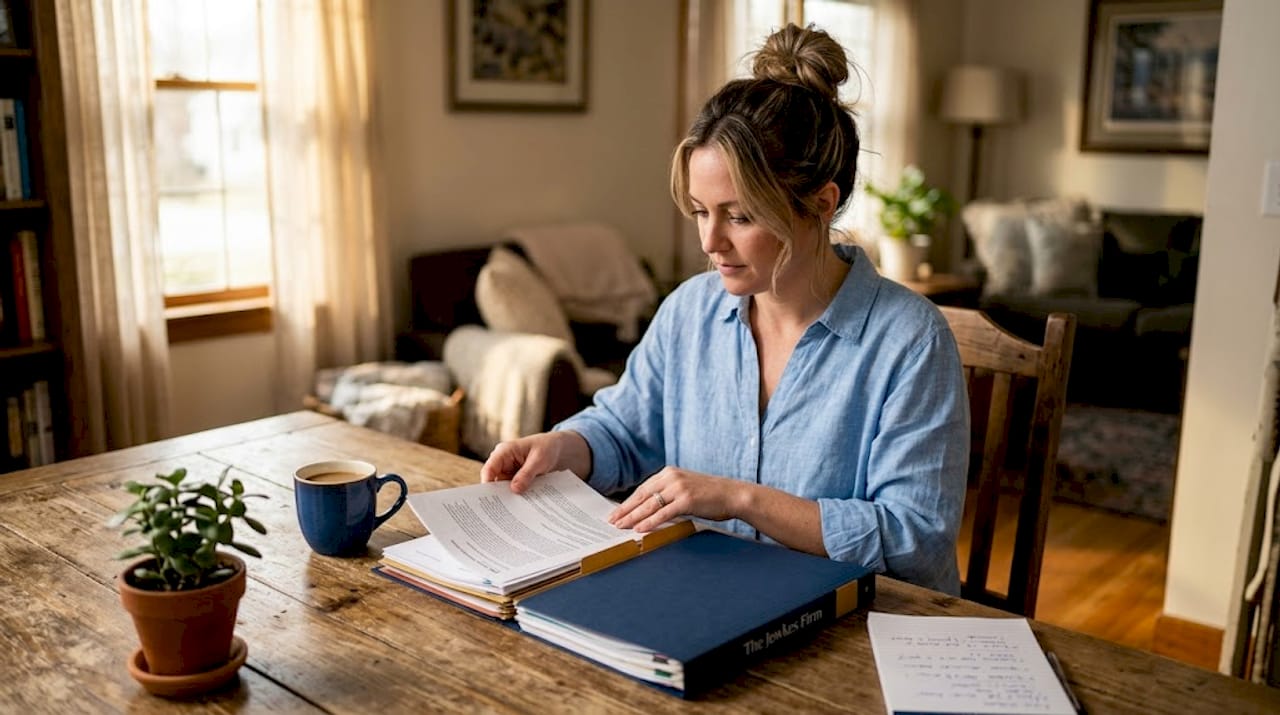 Person organizing medical records at kitchen table