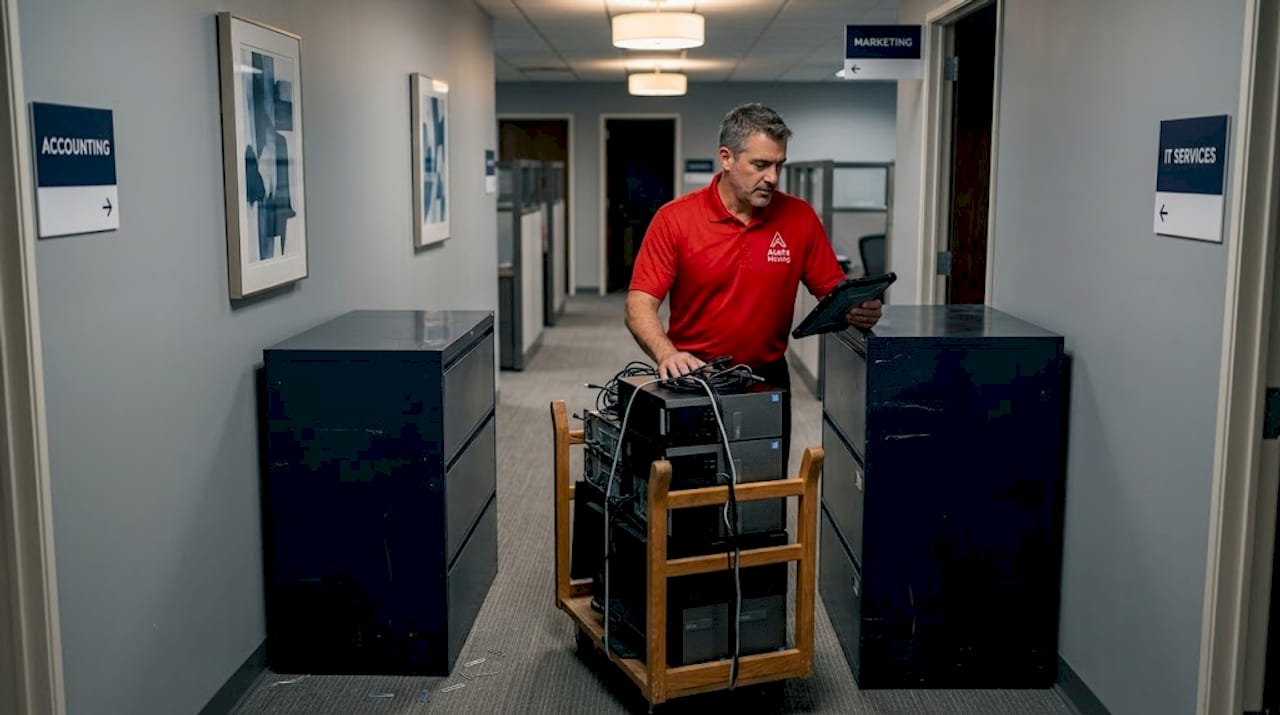 Mover transporting computers in office hallway