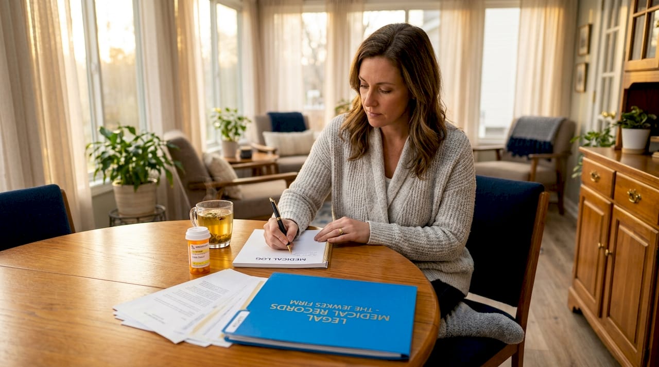 Woman logging medical recovery at home