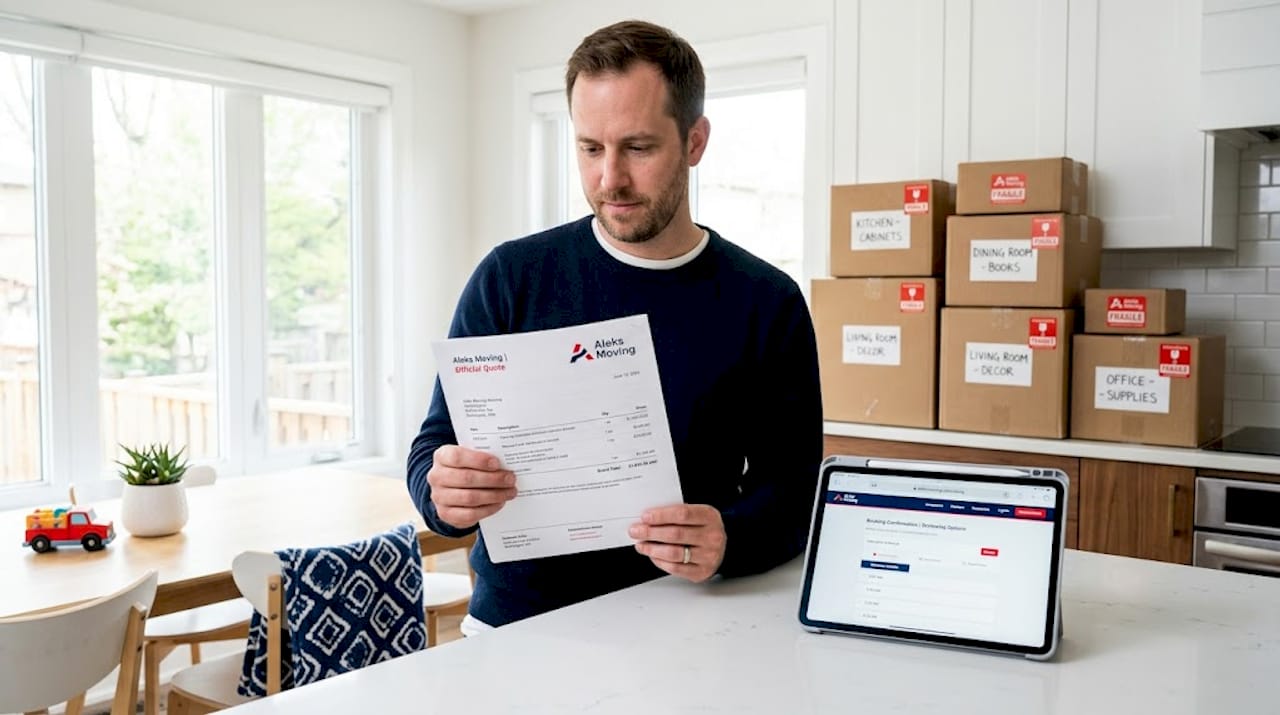 Man reviewing moving service details in living room