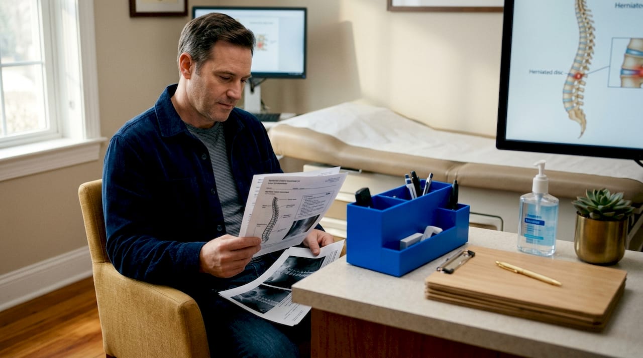 Patient reviewing accident medical records in exam room