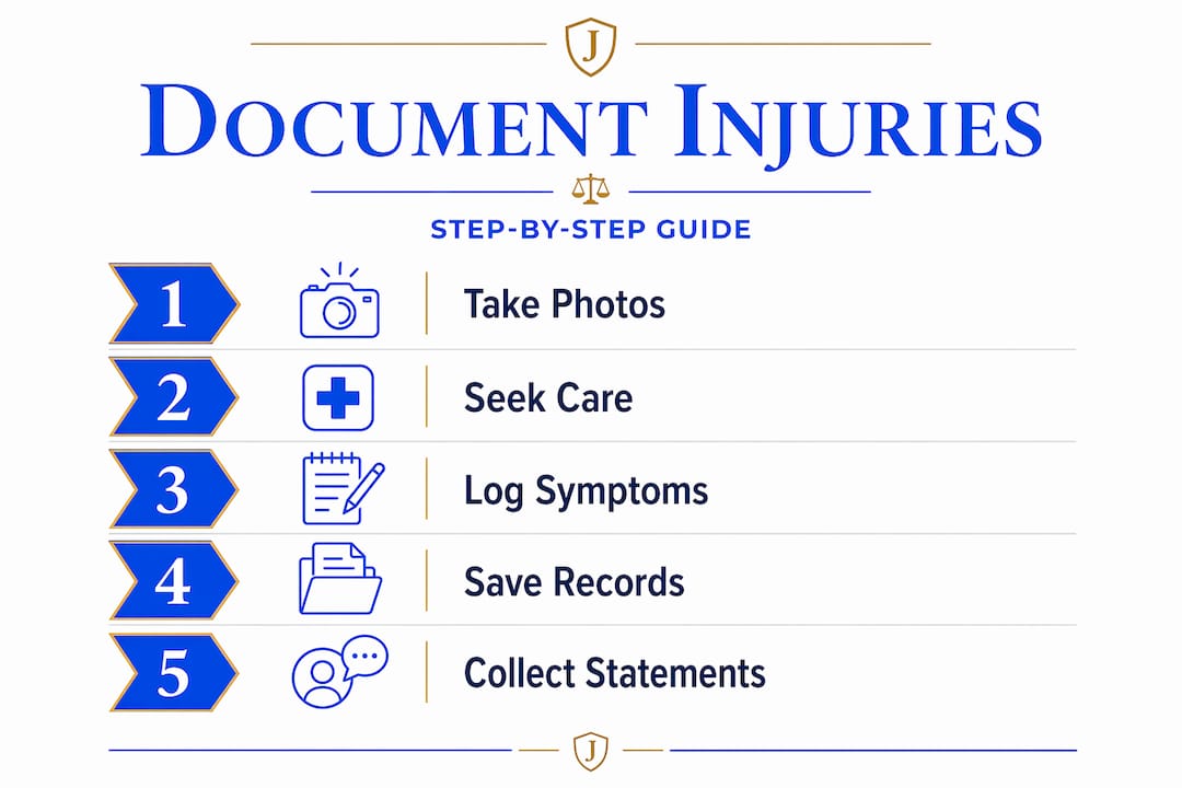 Infographic listing steps to document accident injuries