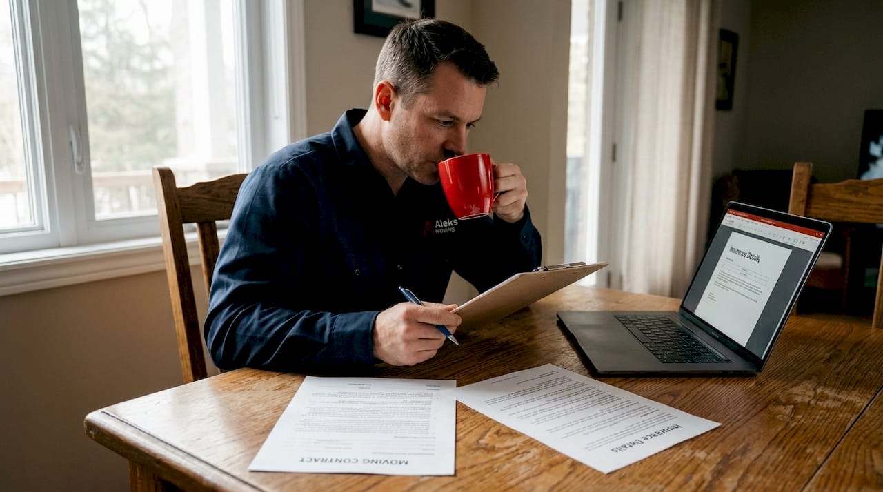 Licensed mover reviewing insurance contract paperwork