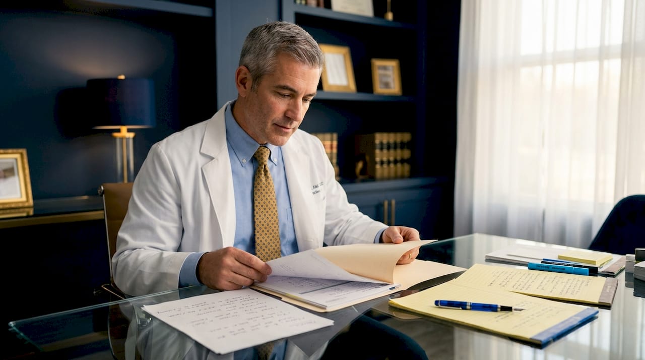 Expert reviewing patient chart and legal checklist