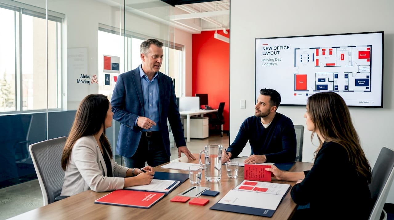Team lead explaining office move logistics