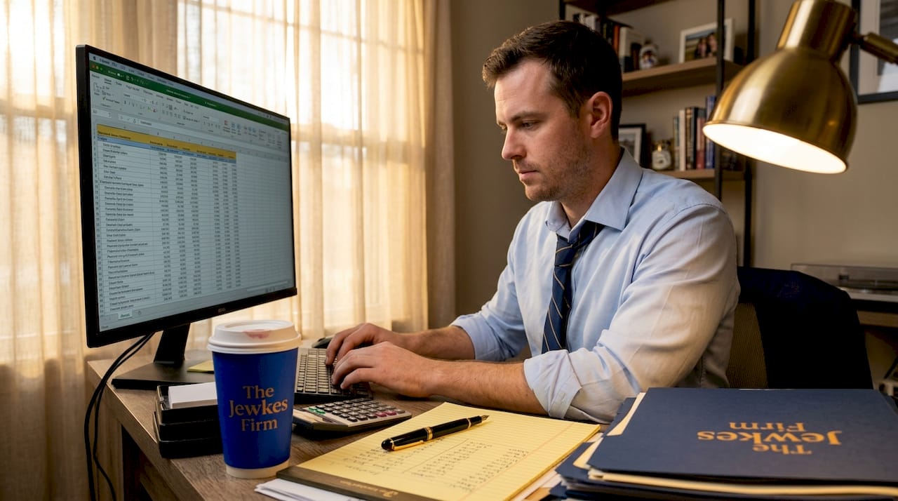 Paralegal reviewing wrongful death case damages spreadsheet