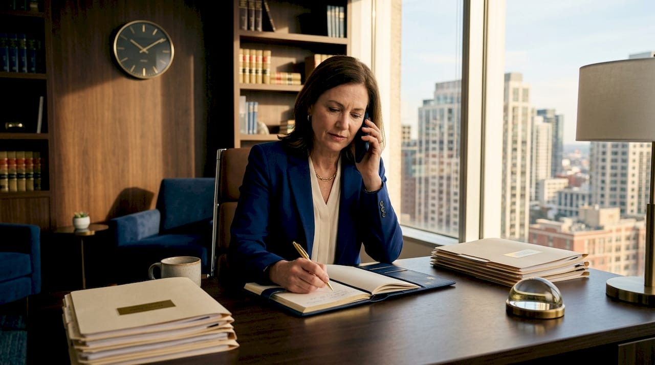 Attorney talking on phone in office