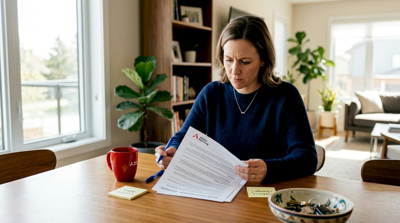 Woman reviewing moving contract in apartment