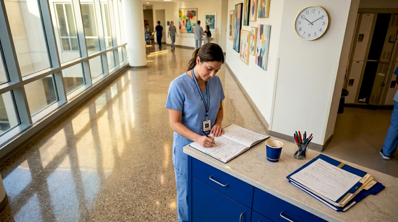 Nurse reviewing patient chart in hospital hallway