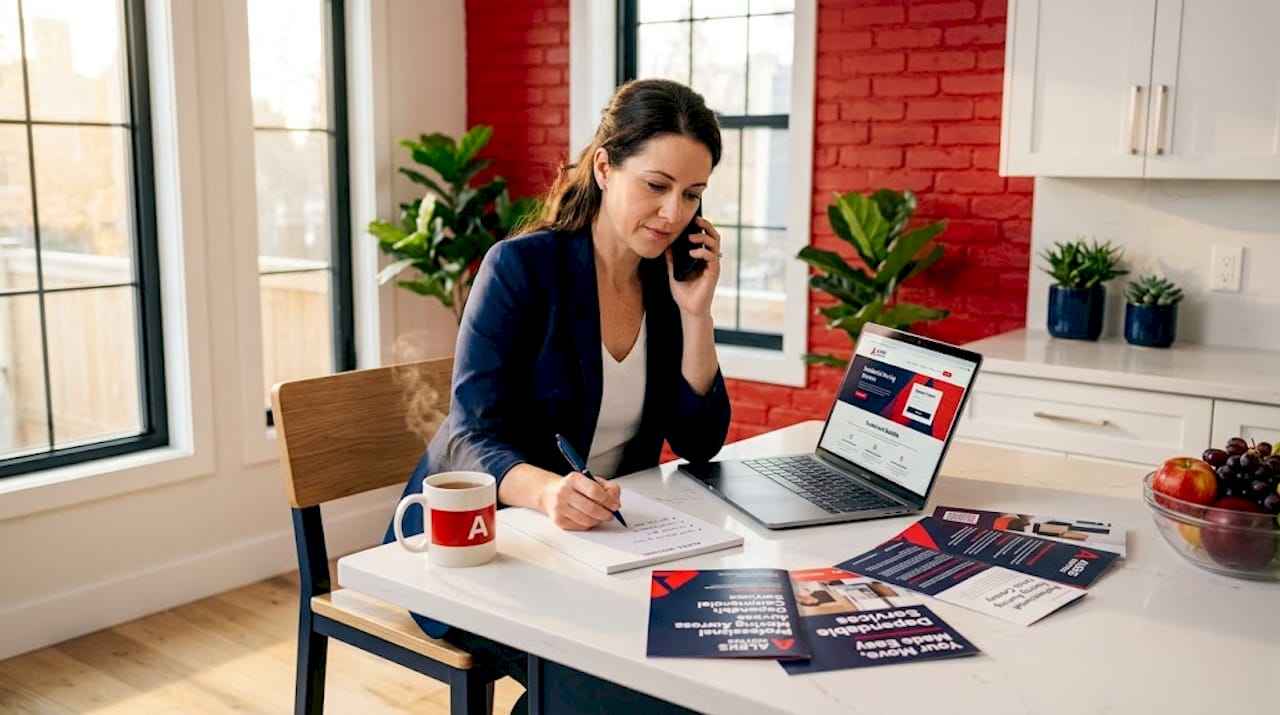 Woman researching moving options at kitchen table