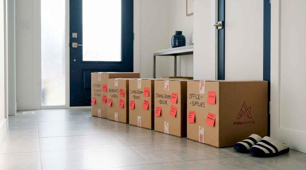 Labeled moving boxes in hallway with sunlight