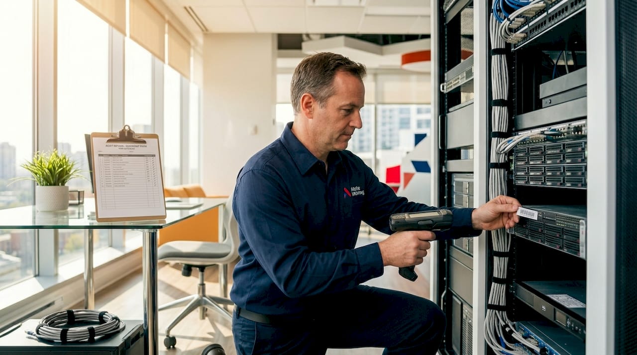 IT technician inventorying equipment in storage room