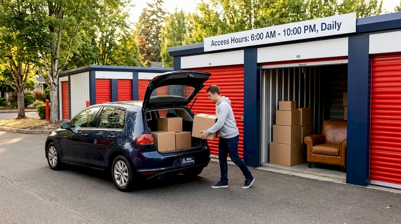 Person unloading boxes at storage unit