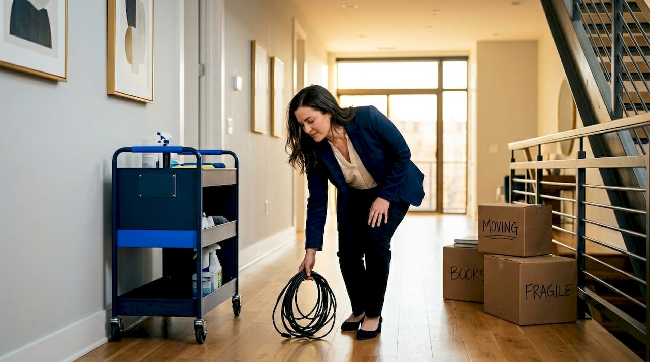 Property manager removing clutter from hallway