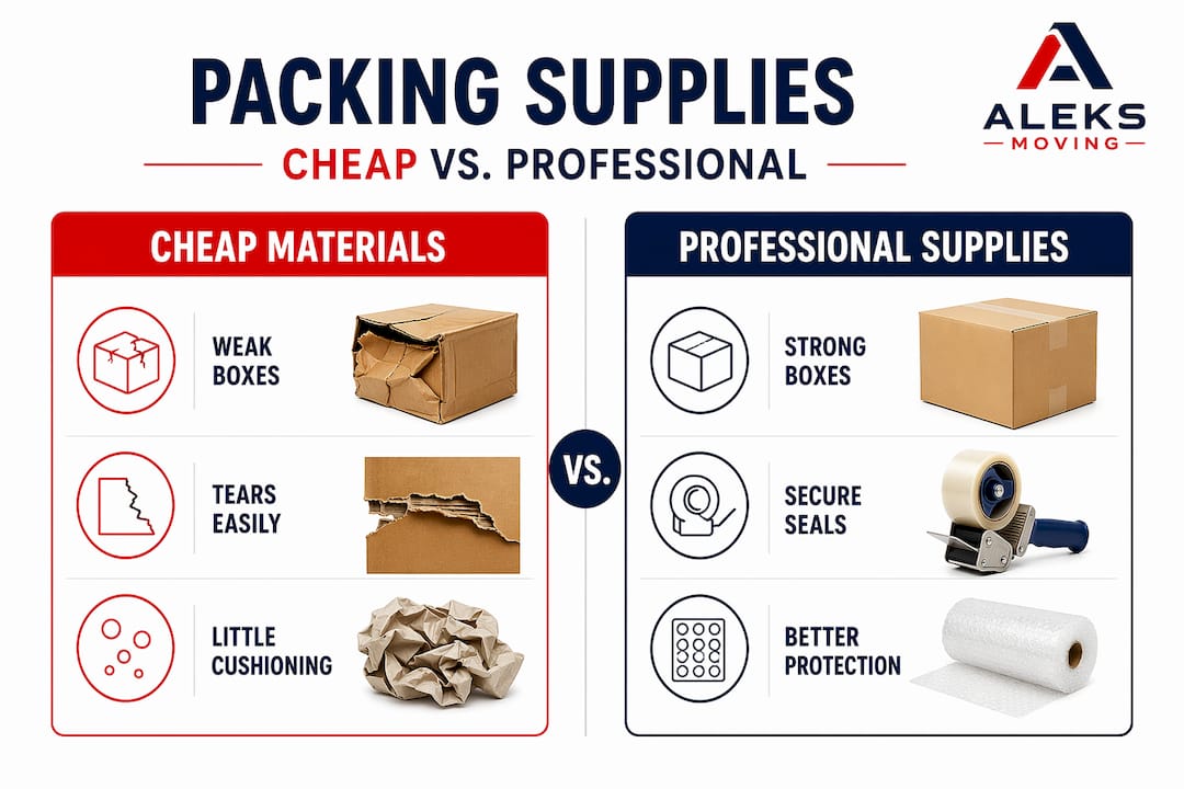 Packing supplies comparison infographic clean two-column