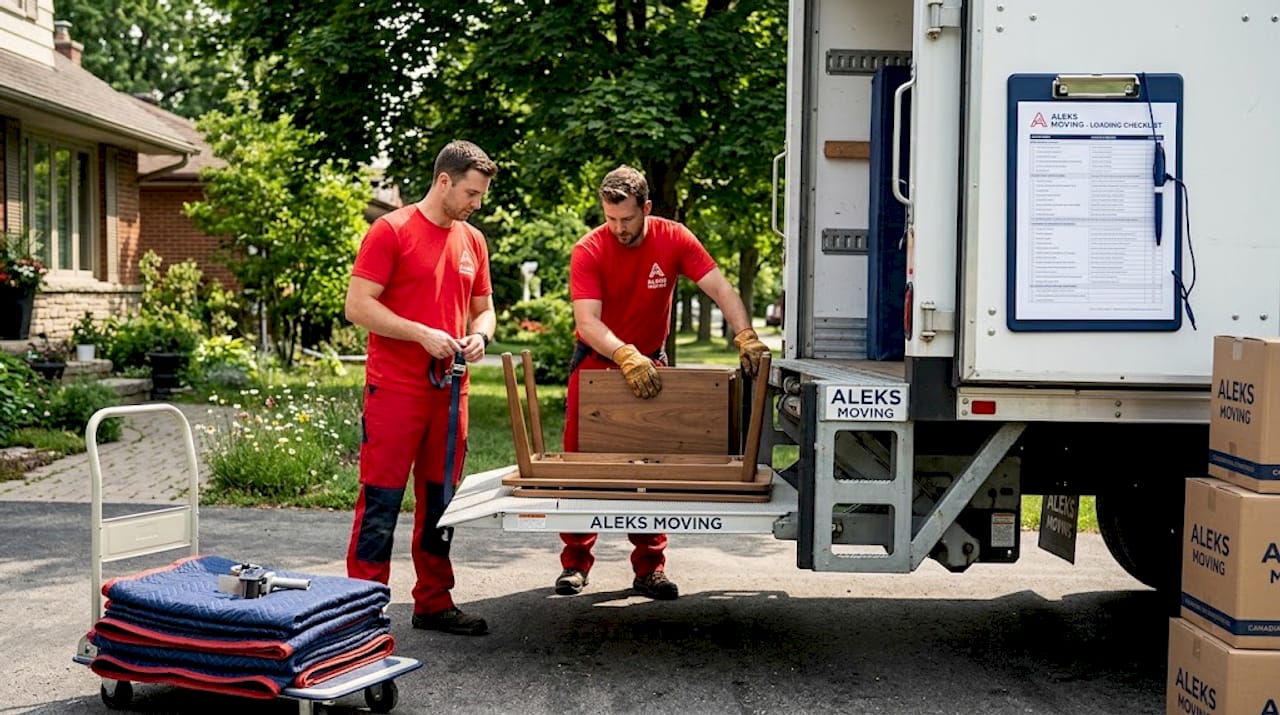 Movers loading flat-packed furniture into truck