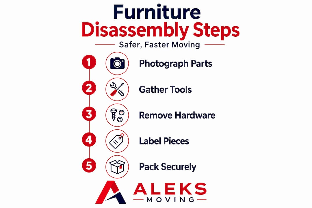 Infographic showing steps to disassemble furniture for moving