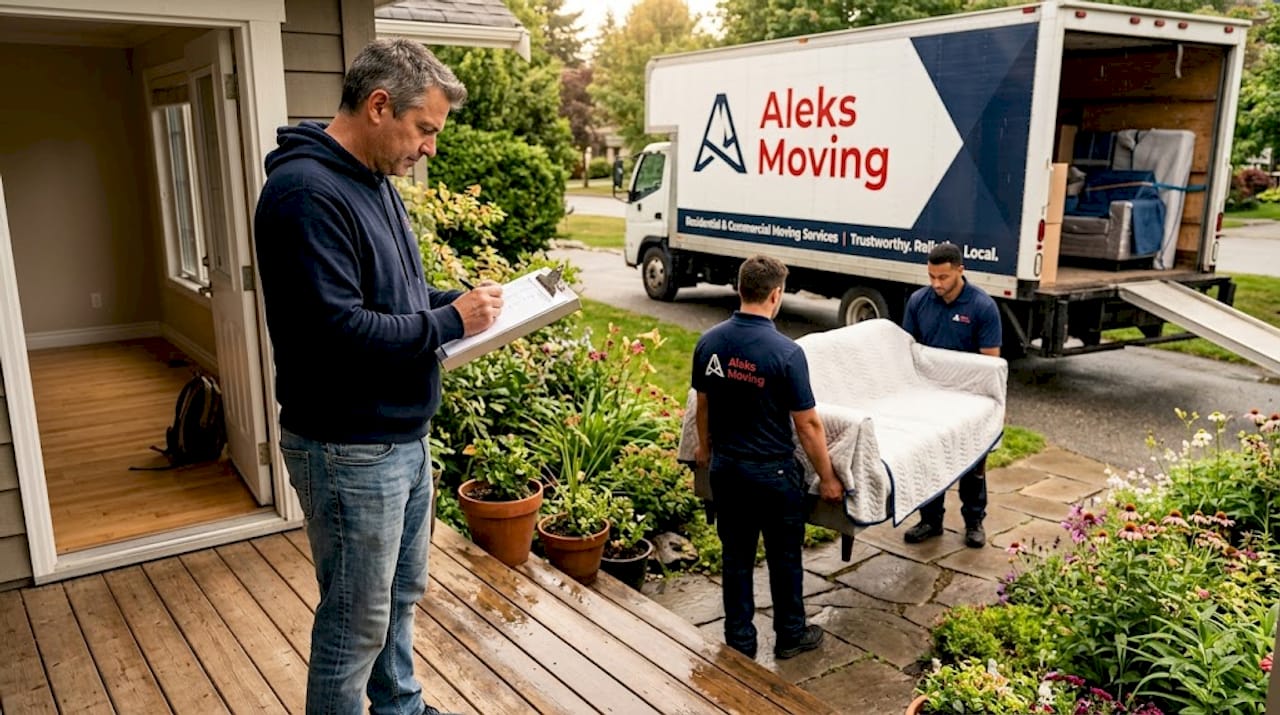 Man checking checklist as movers load truck