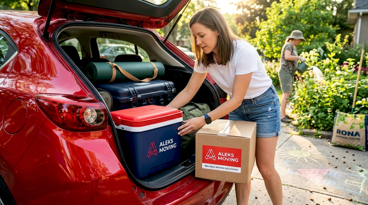 Woman loading car trunk with moving boxes