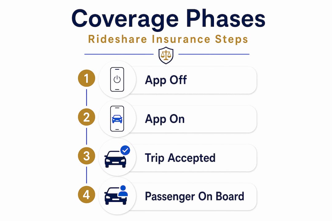 Infographic explaining stages of rideshare insurance coverage