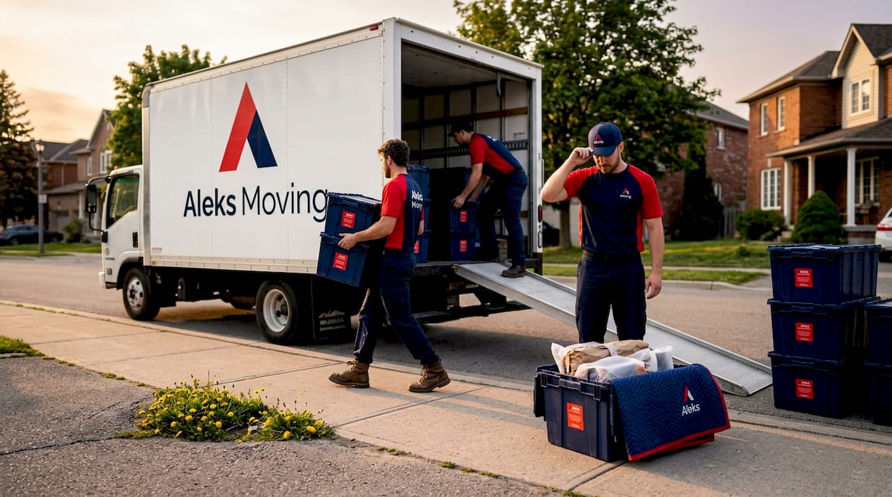 Movers unloading reusable crates in Ontario street