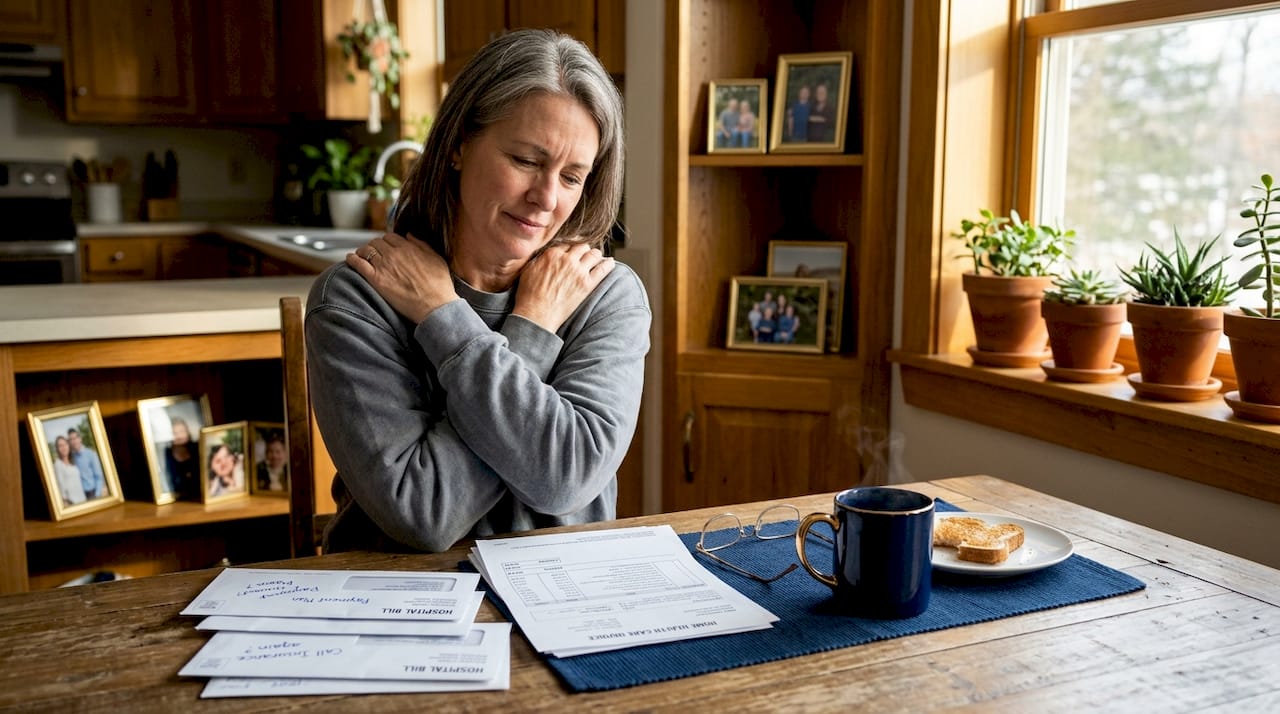 Truck crash victim reviewing medical bills at home