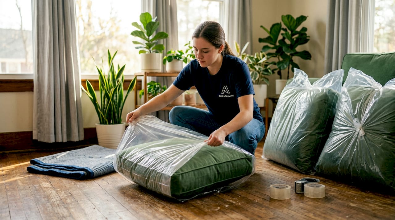Woman wrapping sofa cushions in plastic bags