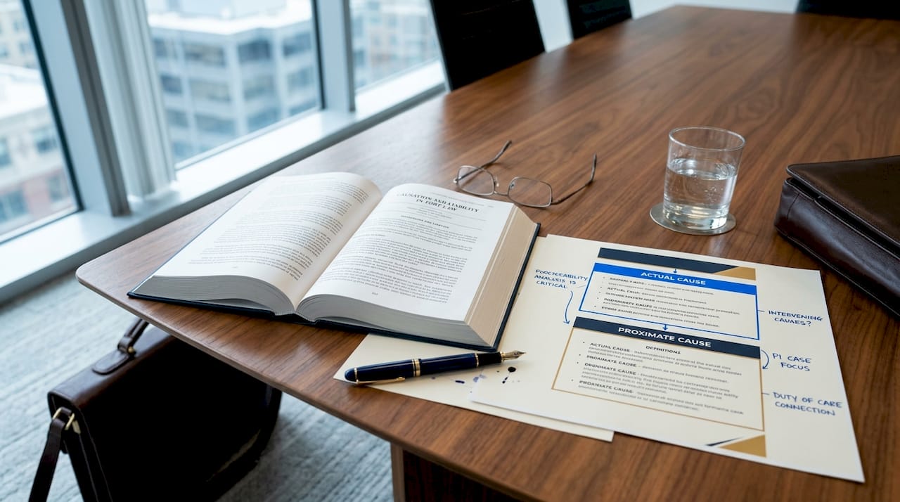 Legal textbook open to causation chapter on table