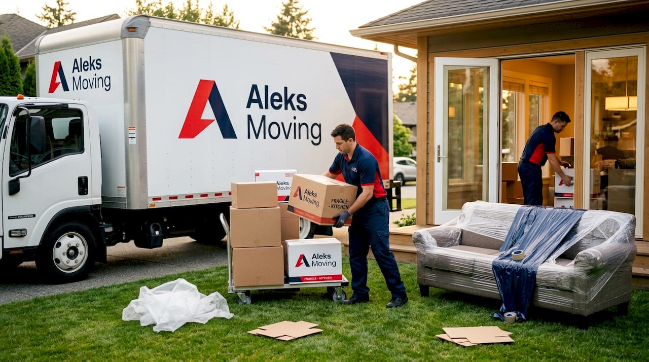 Movers unloading furniture from truck