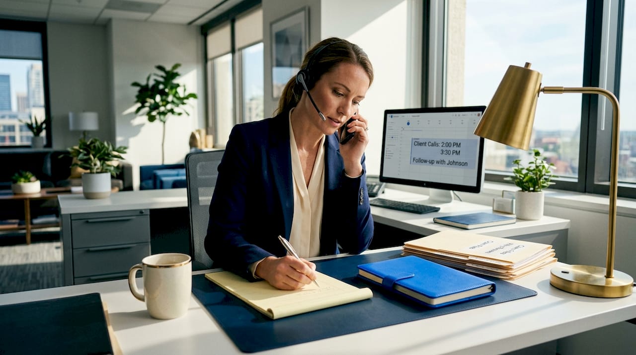 Insurance adjuster speaking on phone at desk