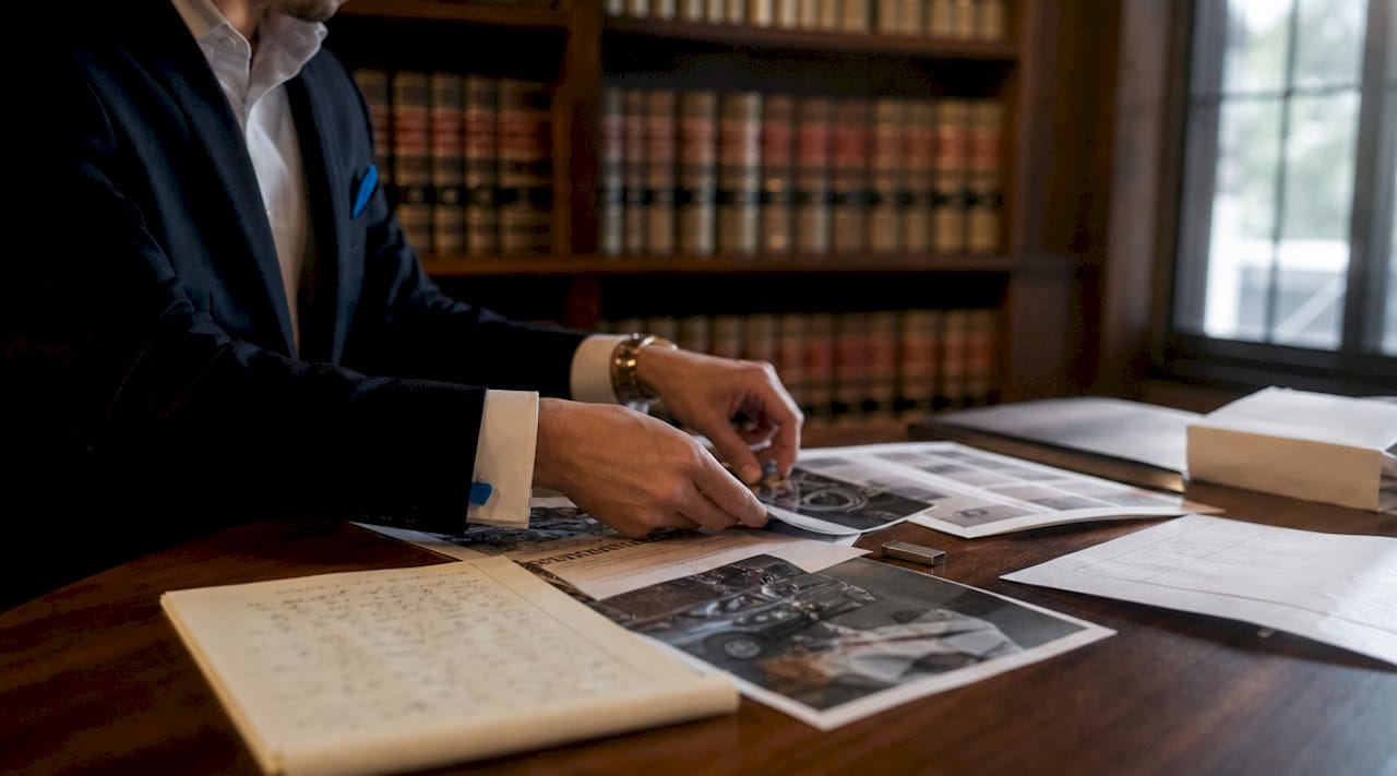 Investigator organizing accident evidence documents and digital files