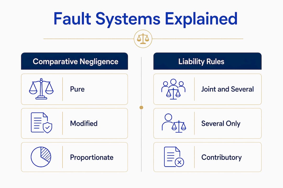 Infographic showing comparative fault systems and liability rules
