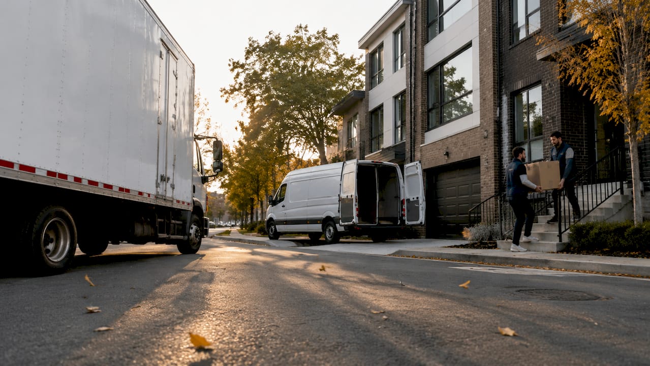 Moving shuttle navigating narrow residential street