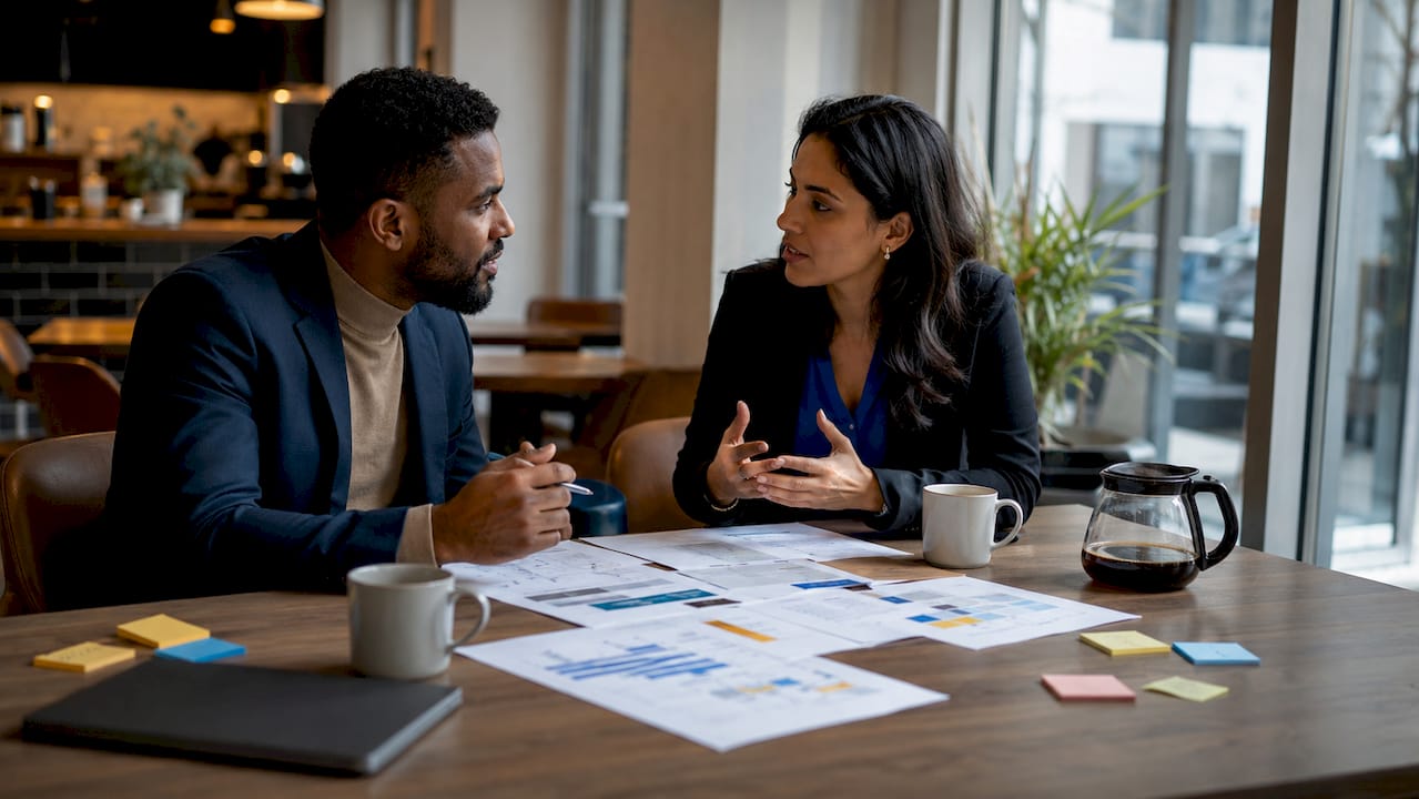 Two insurance professionals discussing claims workflow