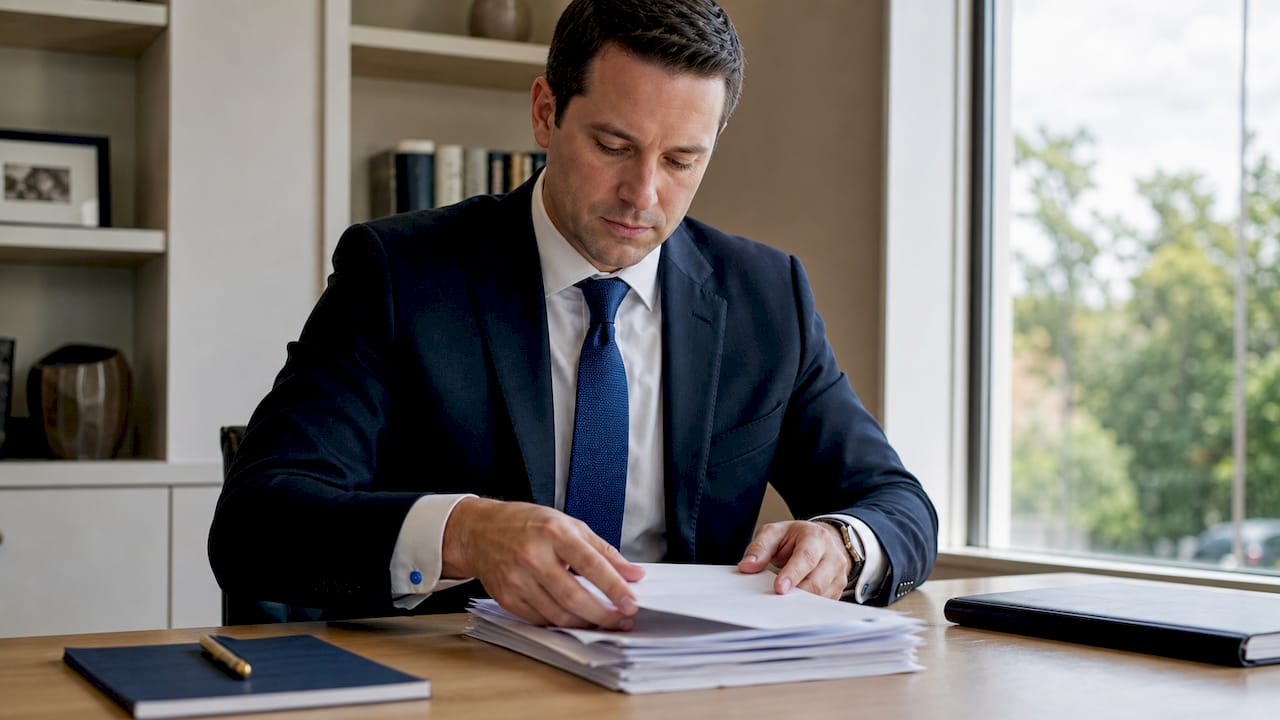 Attorney sorting medical documents overhead