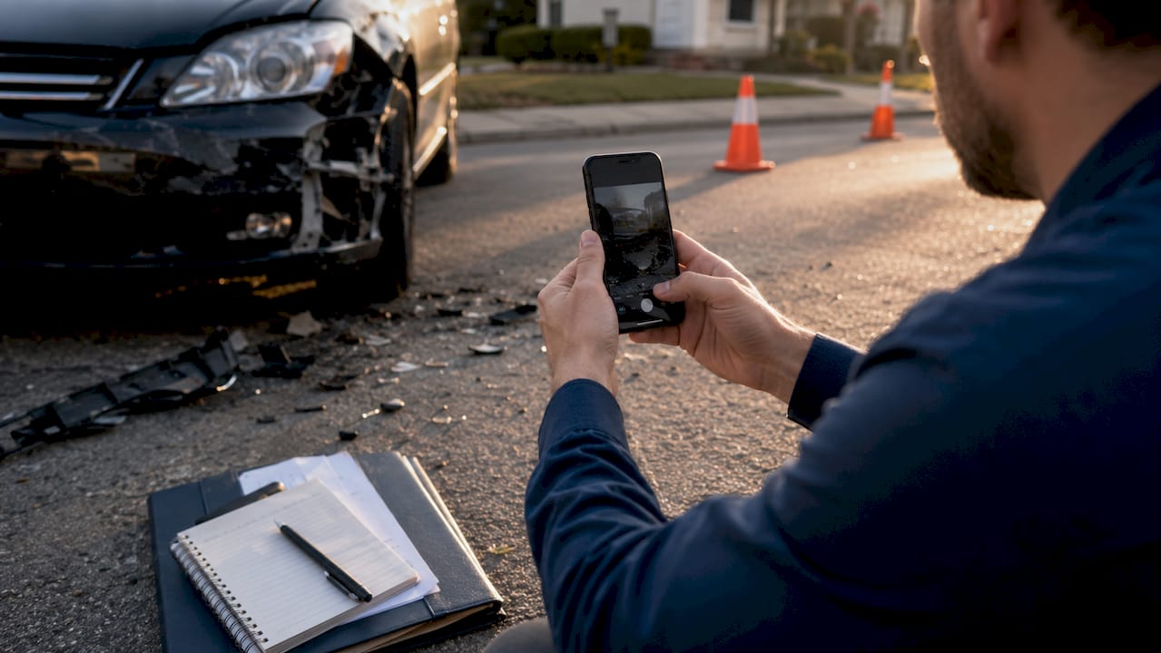 Hands taking accident scene photos outdoors