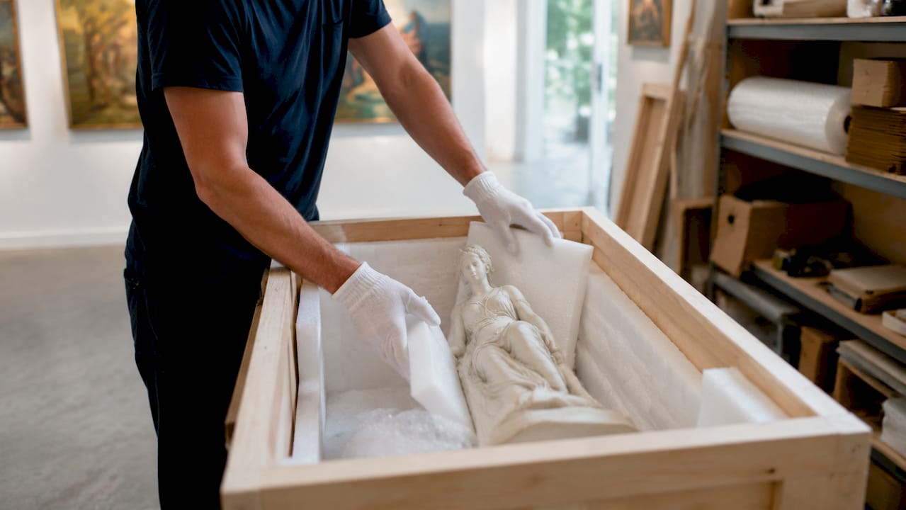 Hands packing fragile sculpture safely in crate