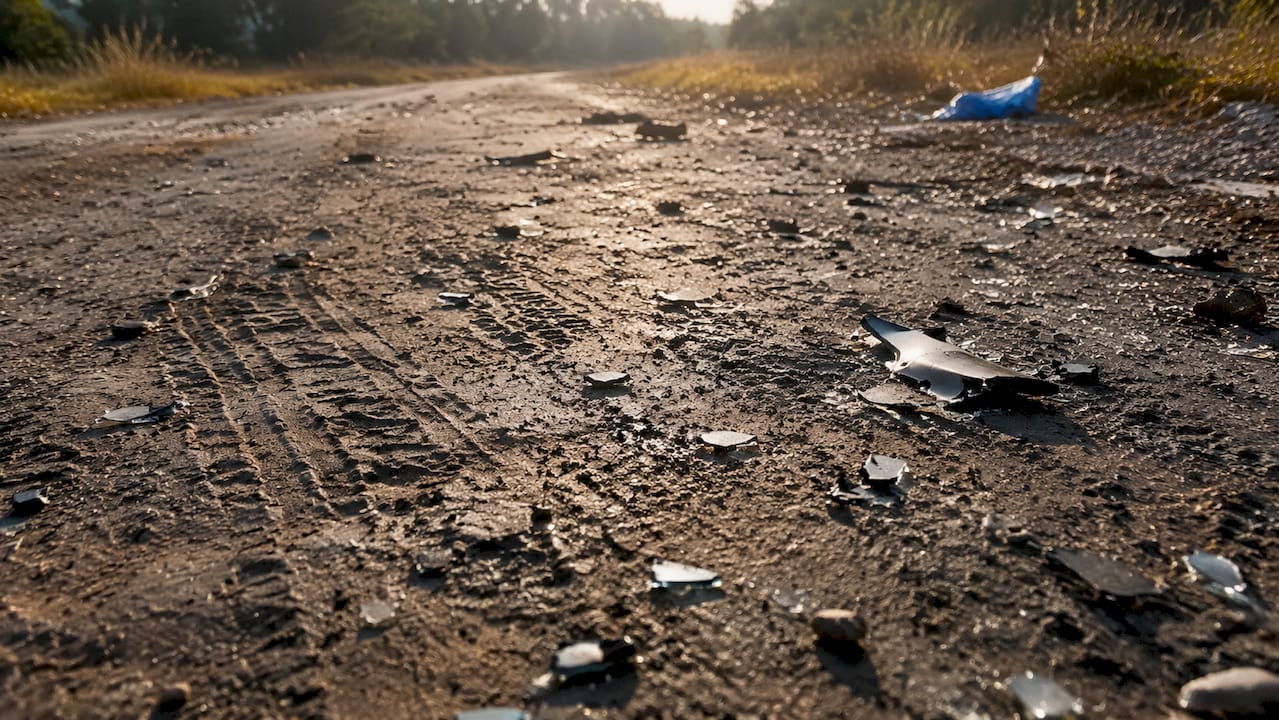 Close-up of skid marks and glass debris