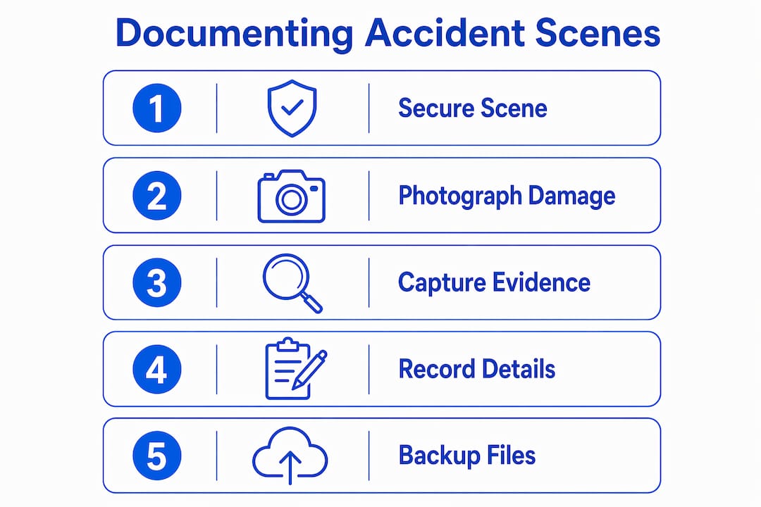 Infographic showing five steps to document accident scenes