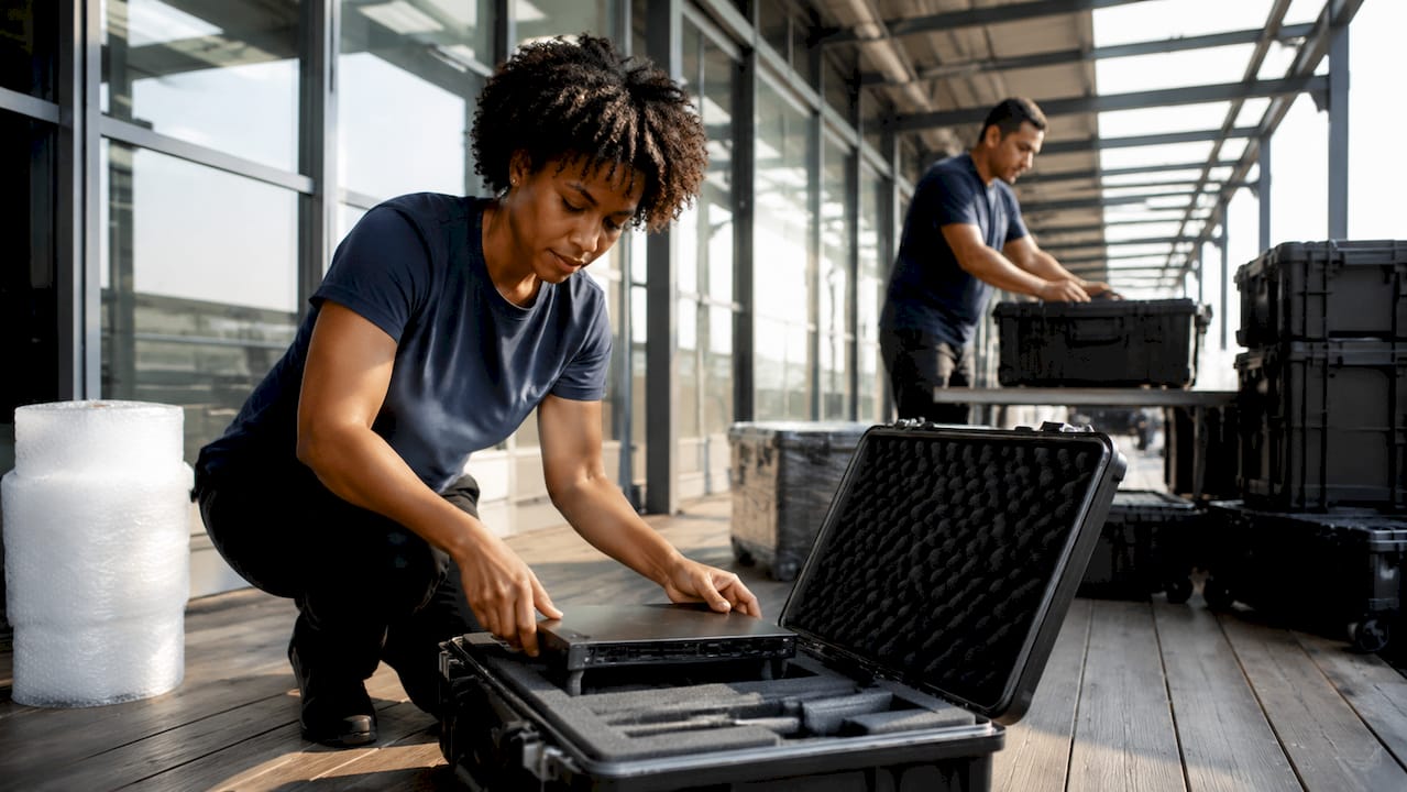 Workers packing network hardware into protective cases